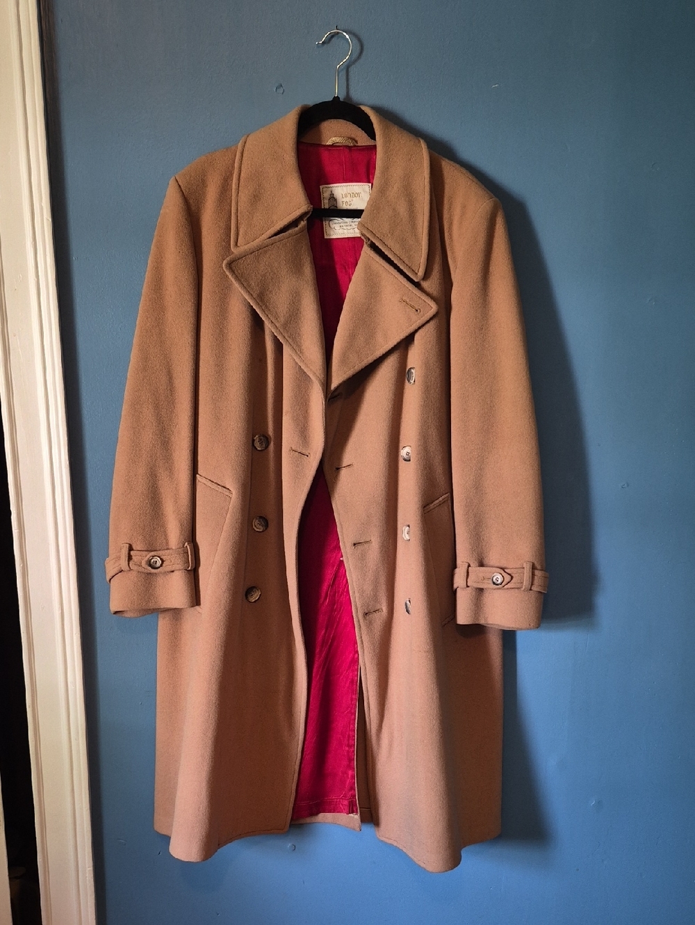 London Fog Camel Wool Double-Breasted Pea Coat with Red Lining